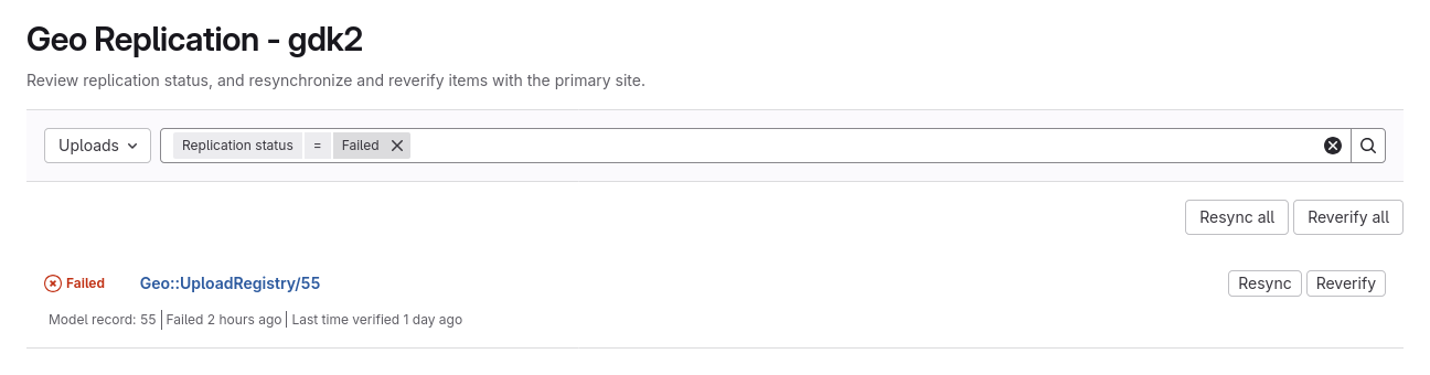 The Geo Uploads replicable dashboard displaying all failed errors.