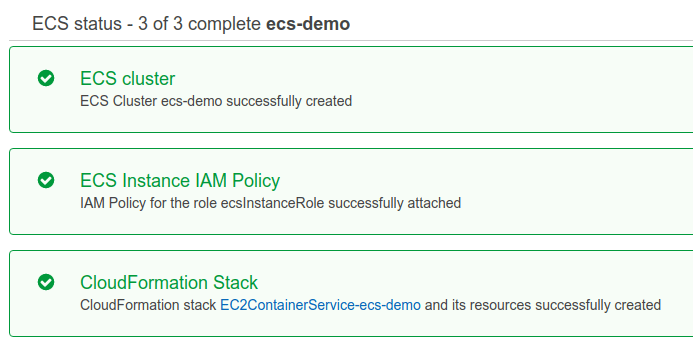 ECS cluster created successfully with all instances running.