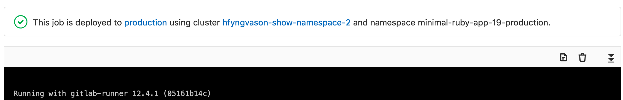 Deployment cluster information with cluster and namespace.