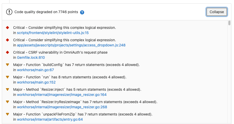 List of issues in the merge request, ordered by decreasing severity