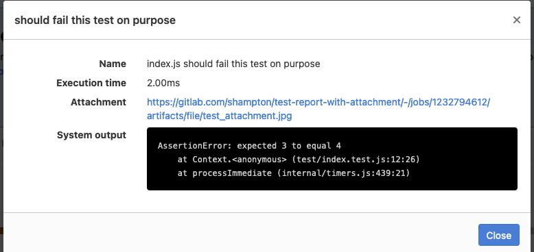 A failed unit test report with test details and screenshot attachment