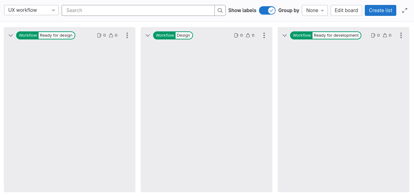 Empty "UX workflow" issue board with three workflow columns
