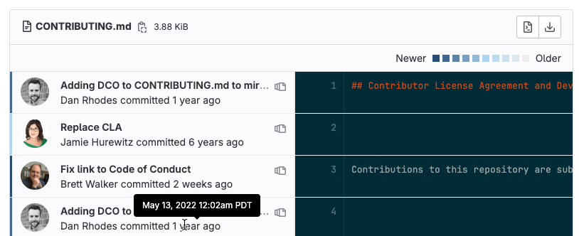 Blame button output Git blame output